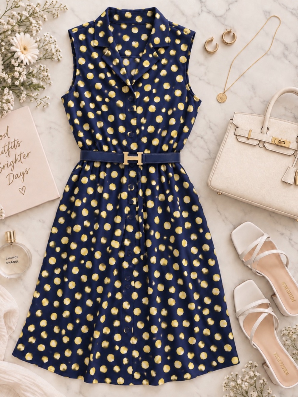 Apt. 9 Navy/Purple Polka Dot Print Sleeveless Button Down Shirt Dress Size 4